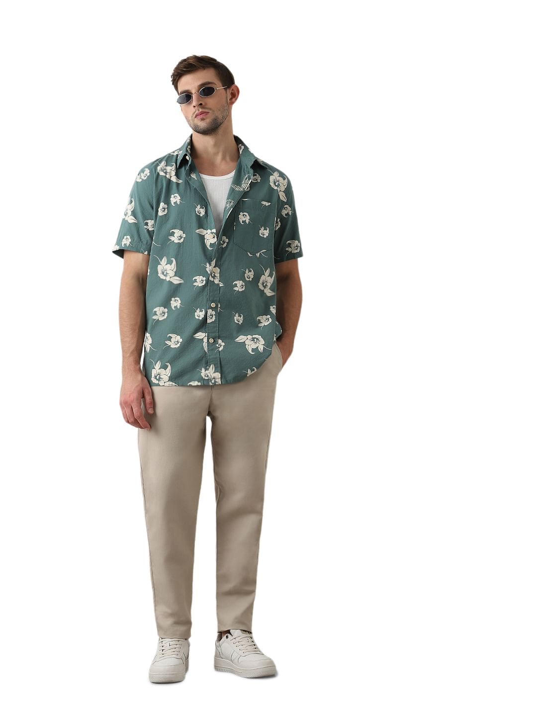 Beige Mid Rise Slim Fit Pants