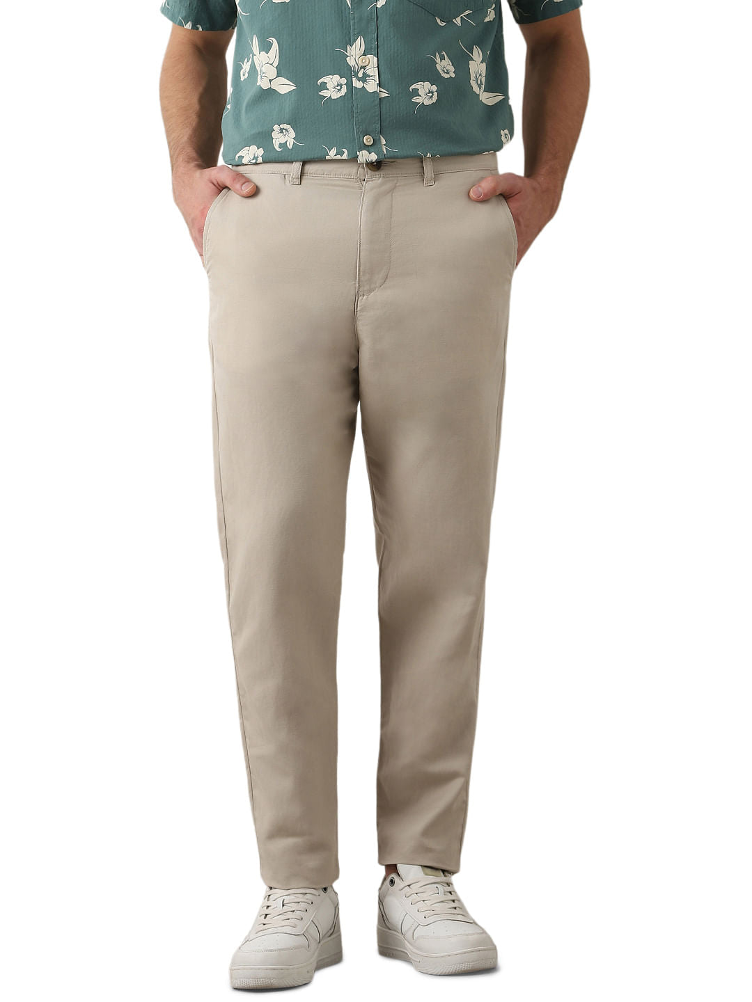 Beige Mid Rise Slim Fit Pants