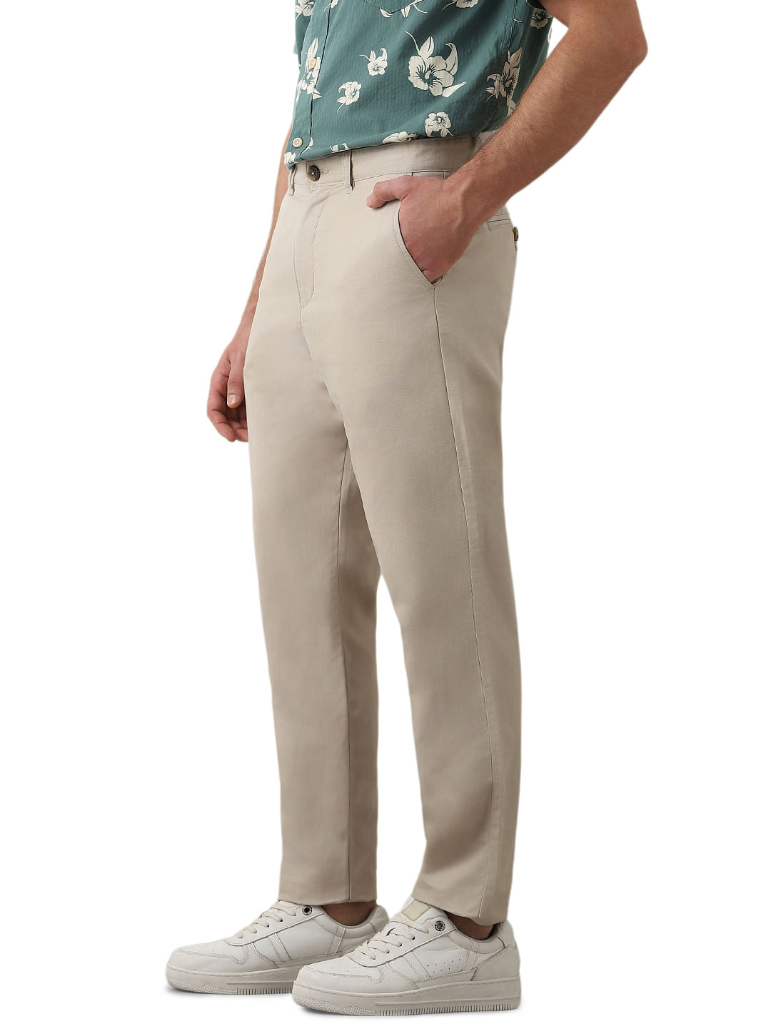 Beige Mid Rise Slim Fit Pants