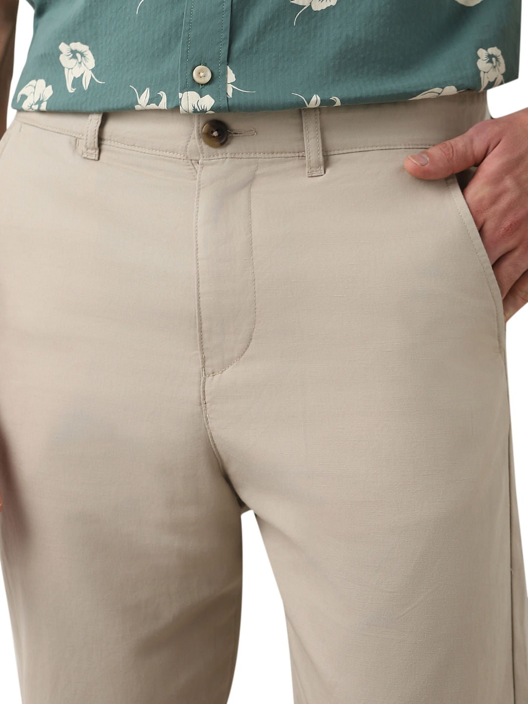 Beige Mid Rise Slim Fit Pants