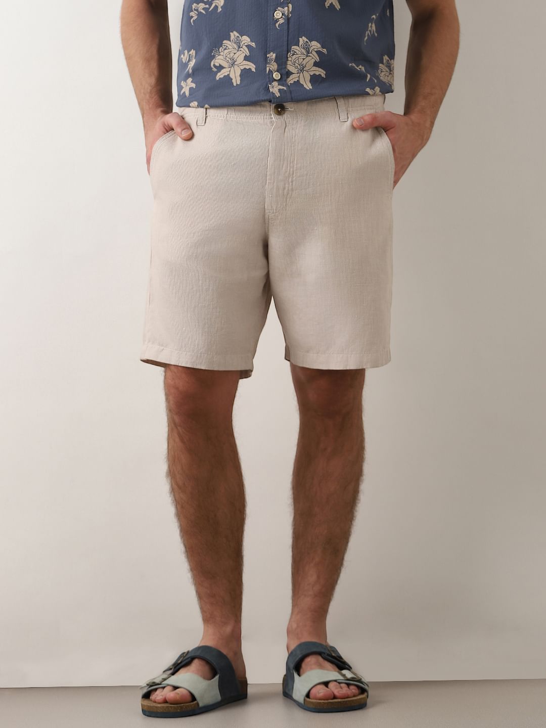 Beige Mi Rise Linen Shorts