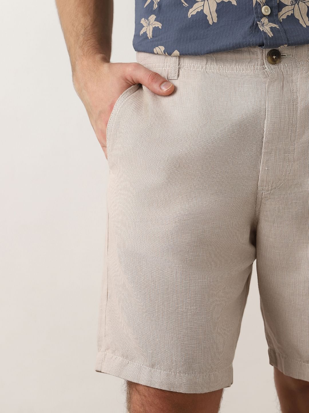 Beige Mi Rise Linen Shorts