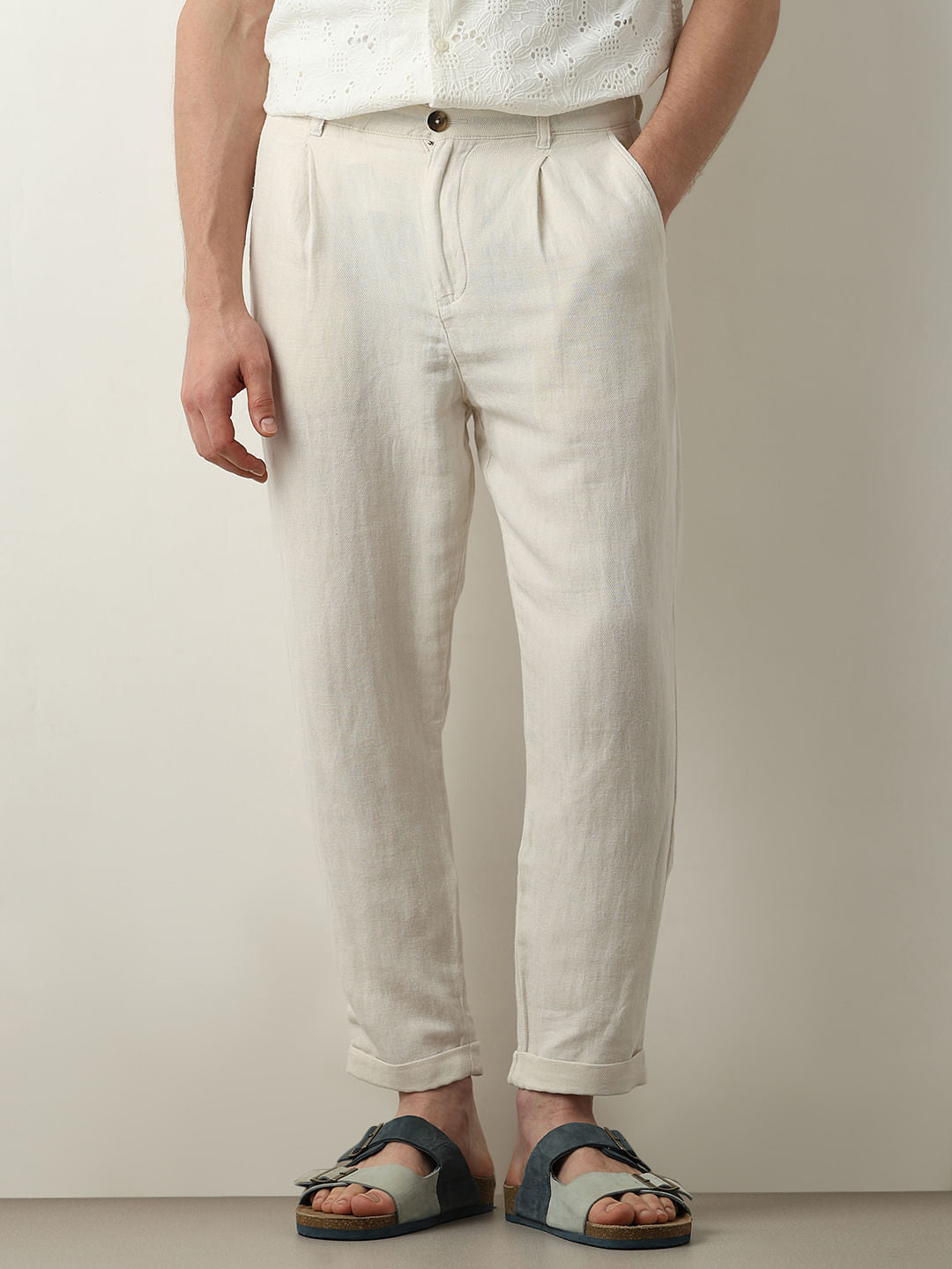 Off-White Mid Rise Cropped Linen Pants