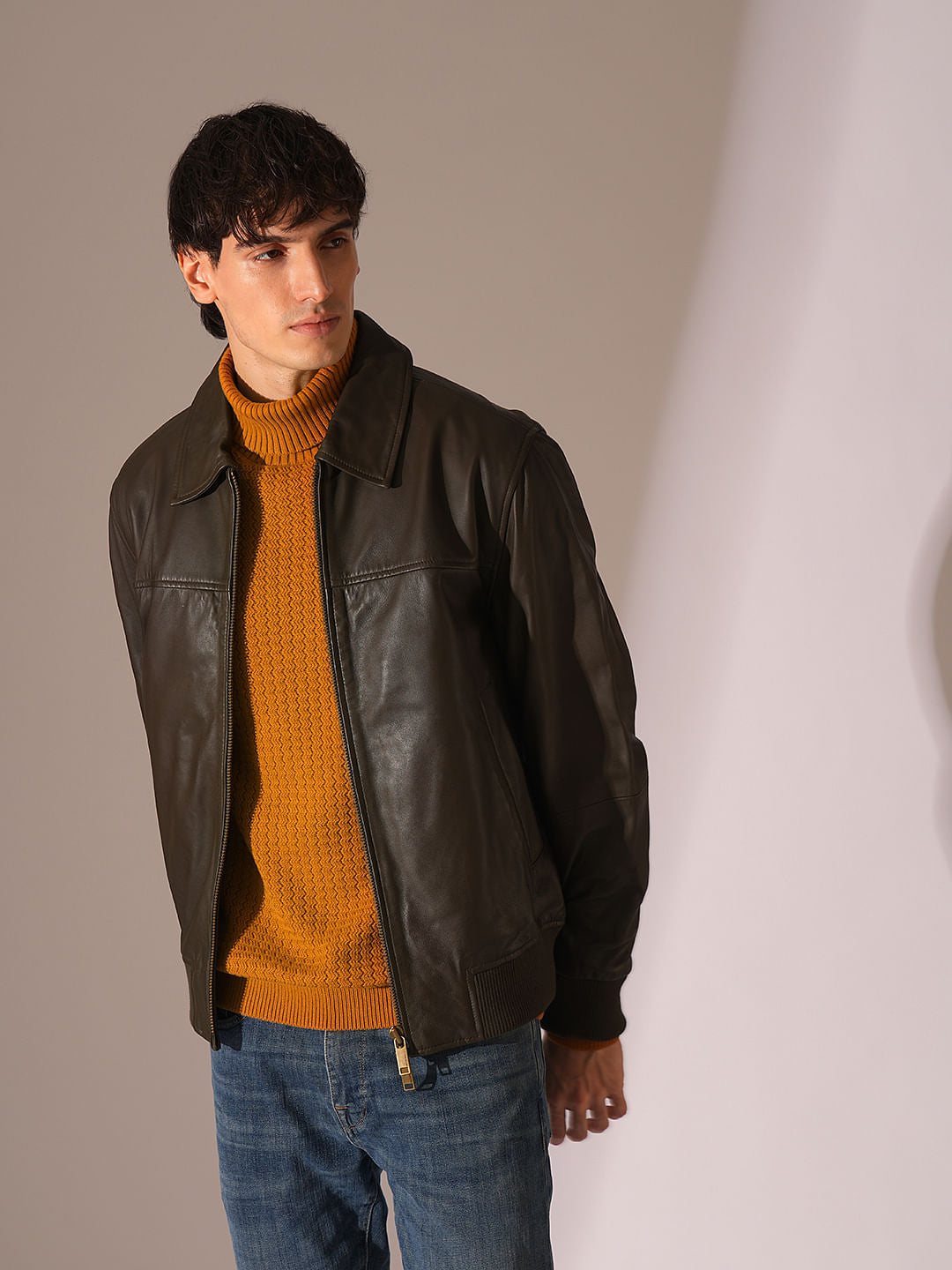 Brown Textured Roll Neck Pullover