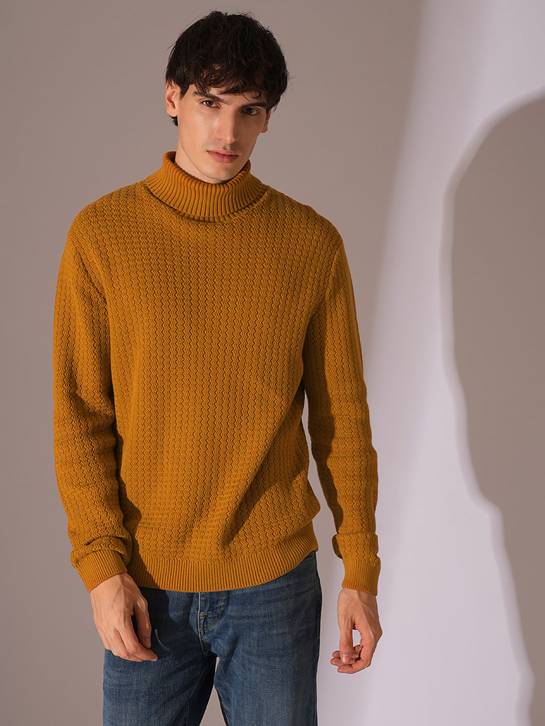 Brown Textured Roll Neck Pullover