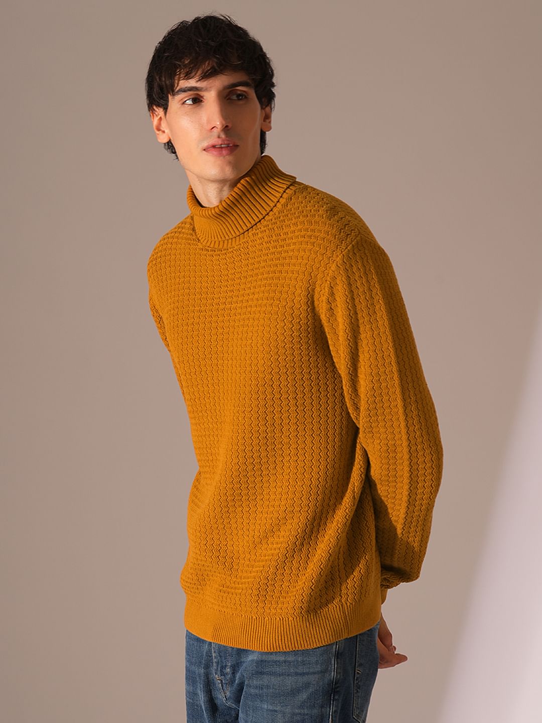 Brown Textured Roll Neck Pullover
