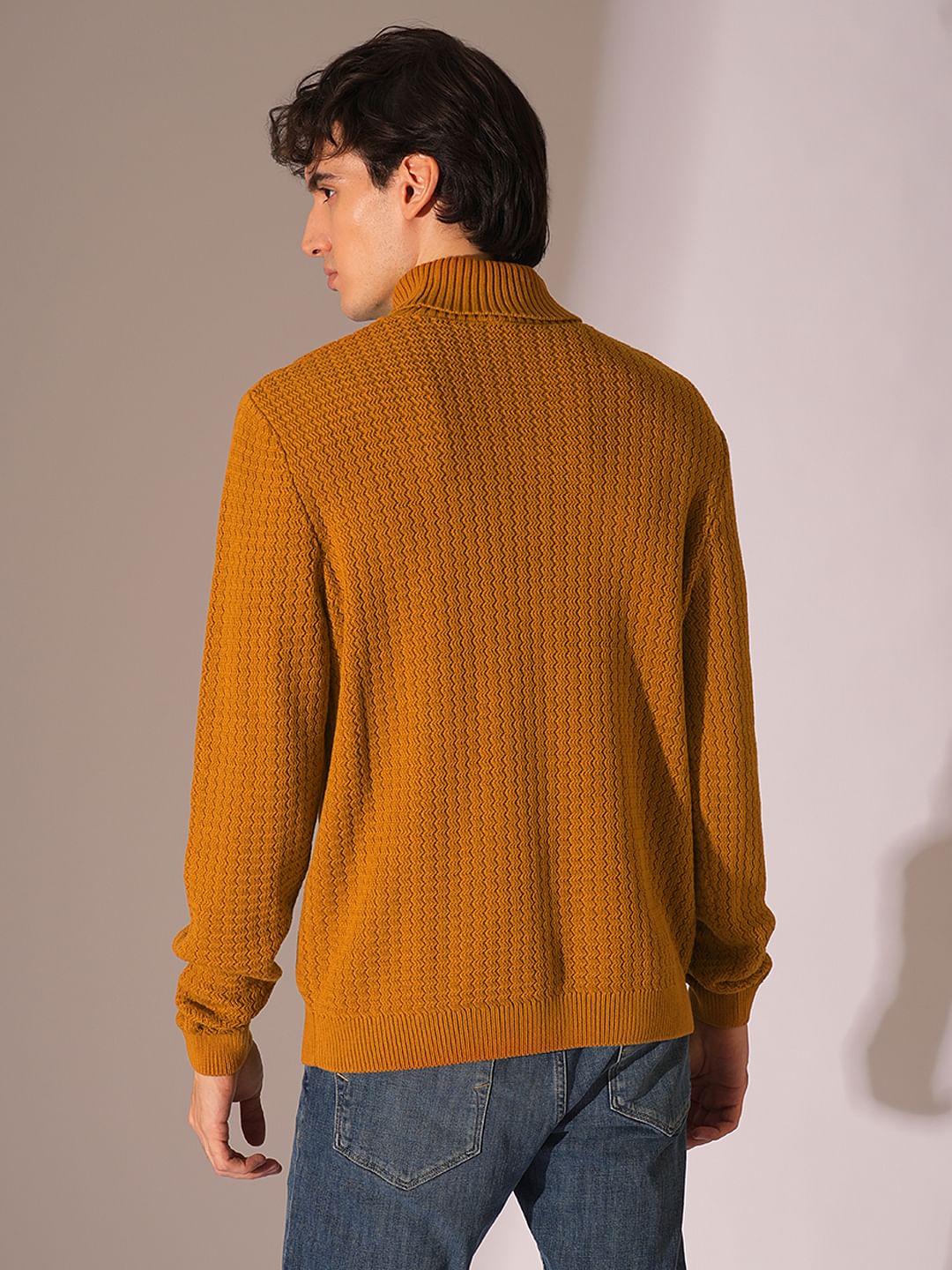 Brown Textured Roll Neck Pullover