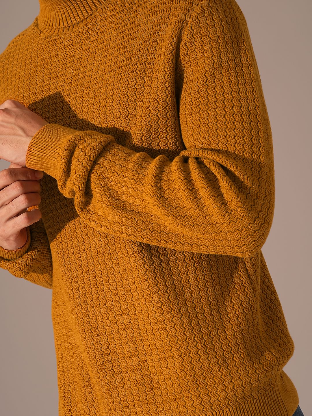 Brown Textured Roll Neck Pullover