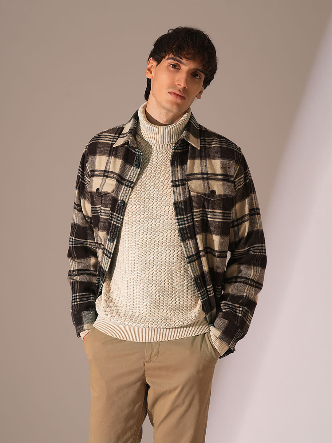 Beige Textured Roll Neck Pullover