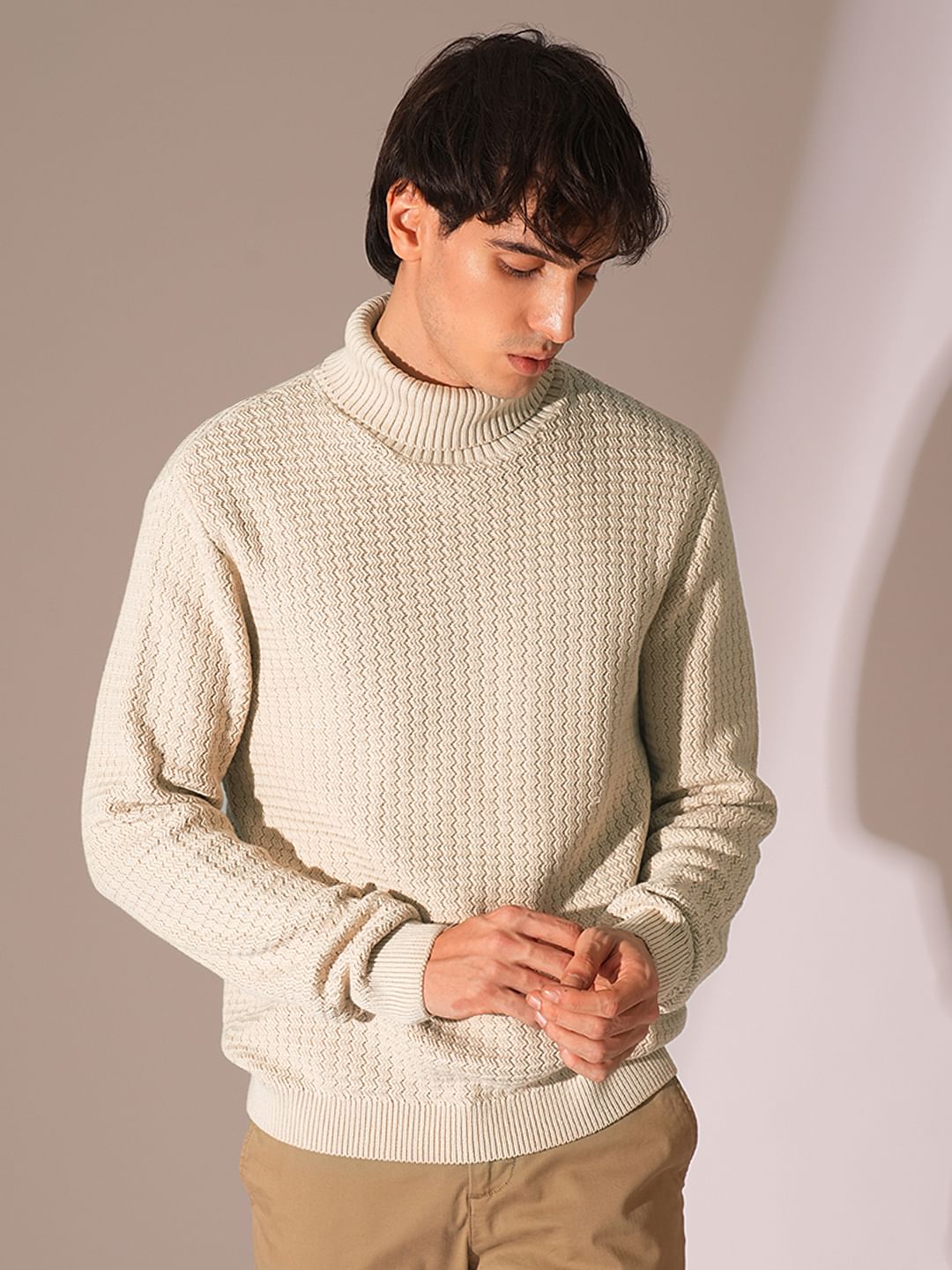 Beige Textured Roll Neck Pullover