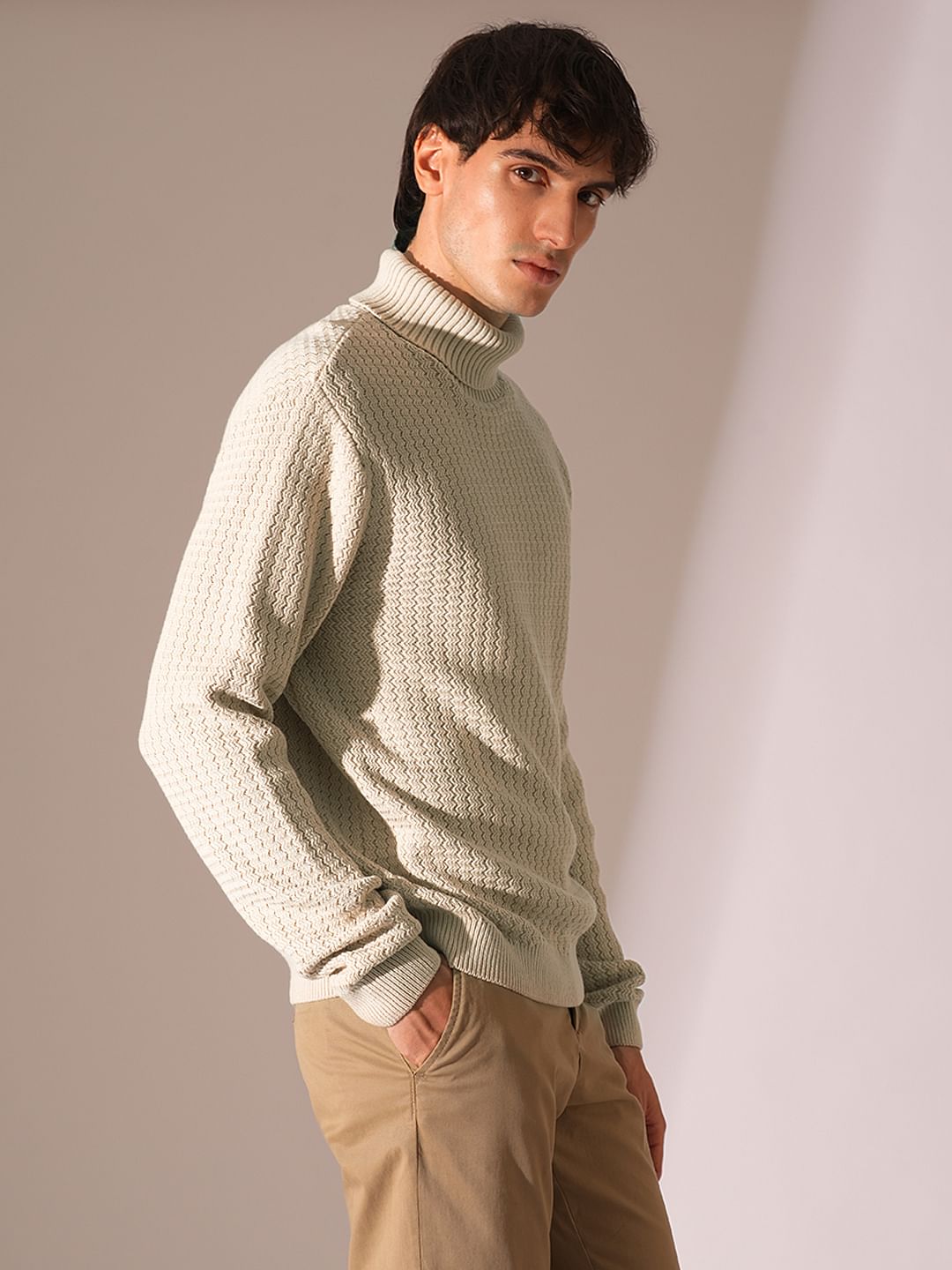 Beige Textured Roll Neck Pullover