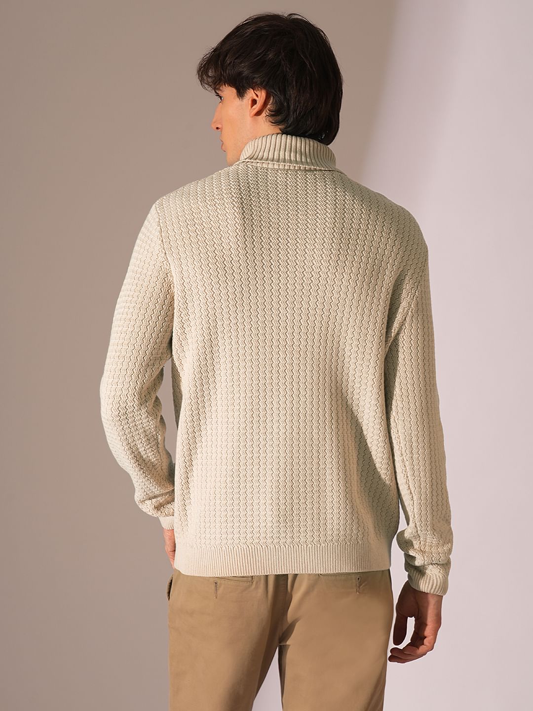Beige Textured Roll Neck Pullover