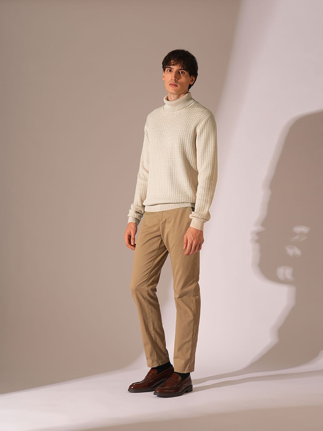 Beige Textured Roll Neck Pullover