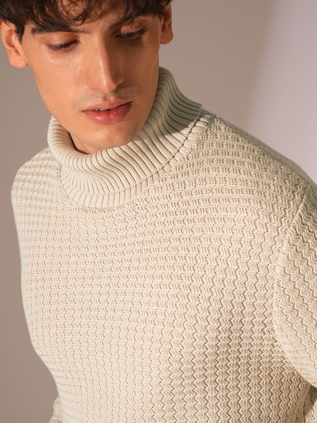 Beige Textured Roll Neck Pullover
