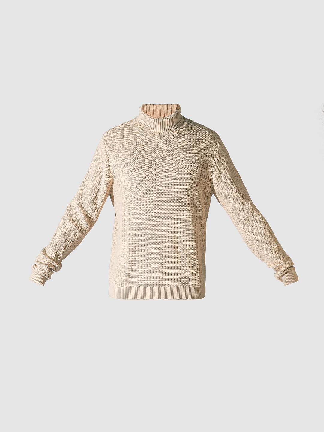 Beige Textured Roll Neck Pullover