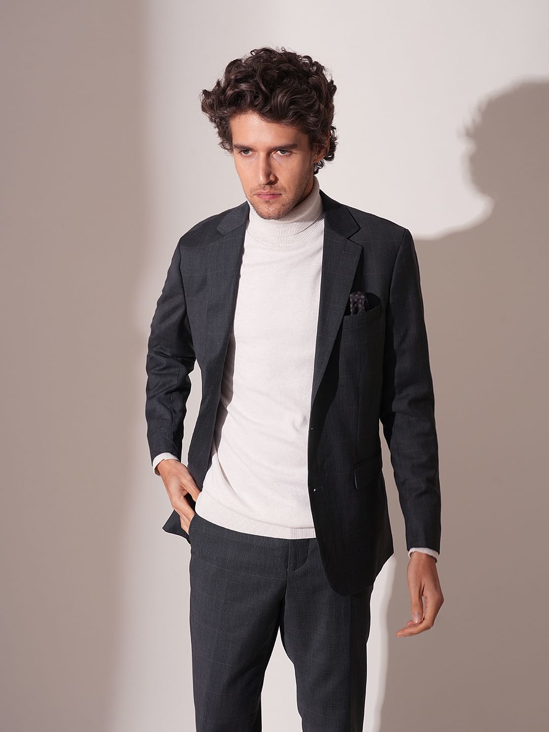 Grey Check Print Suit Set Blazer