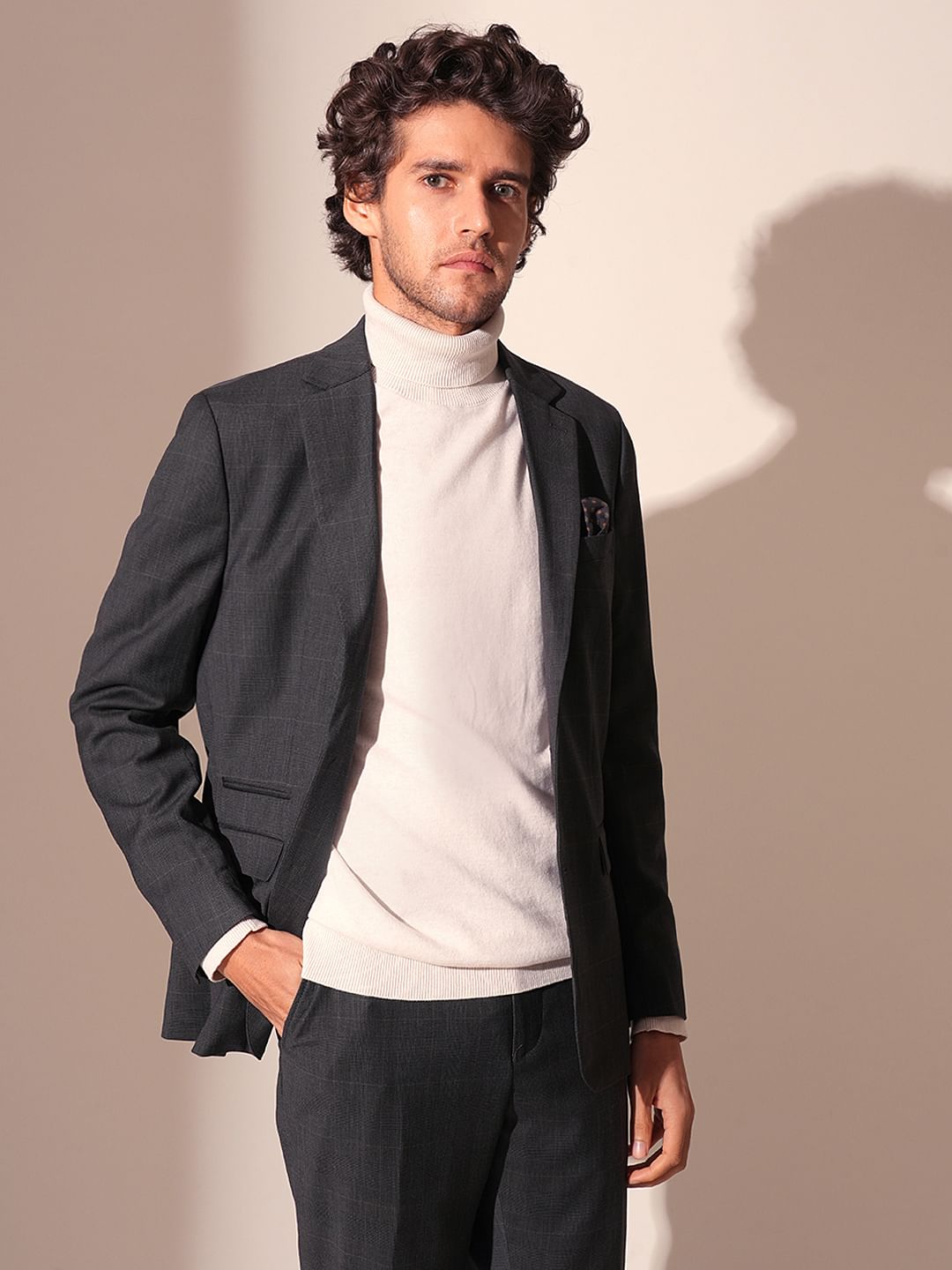 Grey Check Print Suit Set Blazer