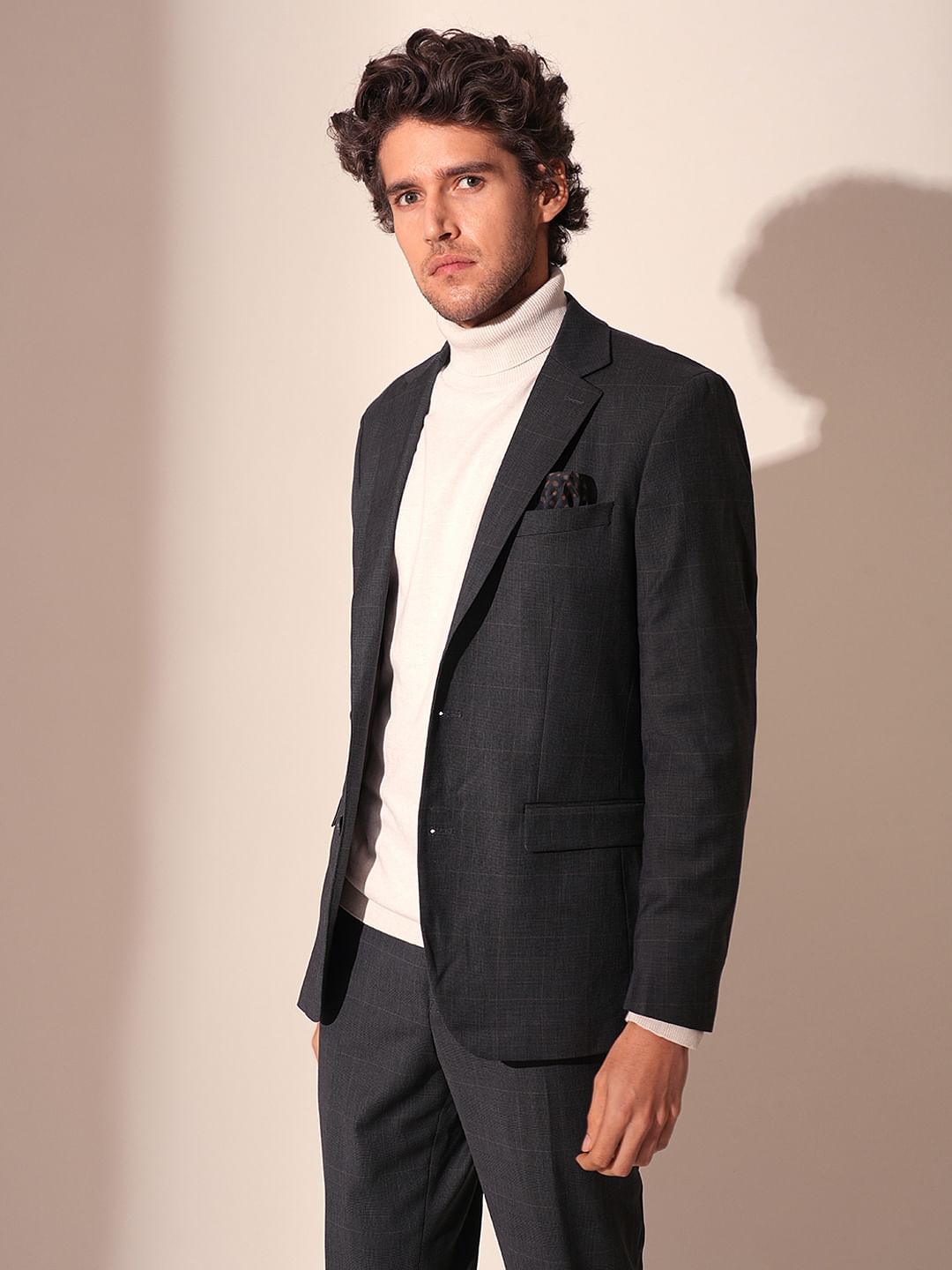 Grey Check Print Suit Set Blazer