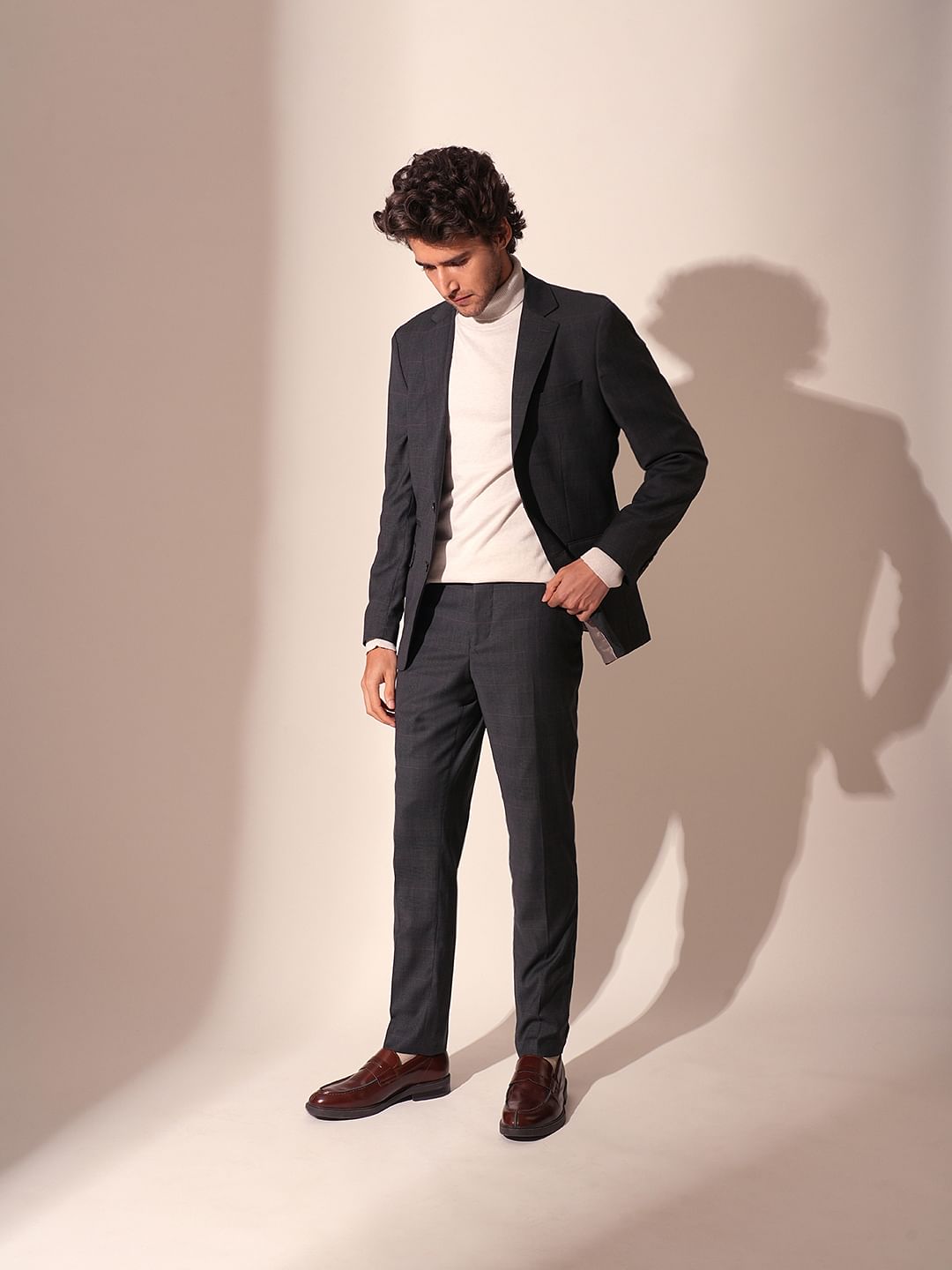 Grey Check Print Suit Set Blazer