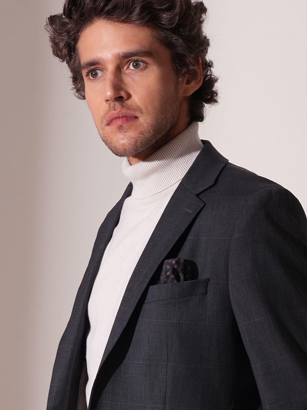 Grey Check Print Suit Set Blazer