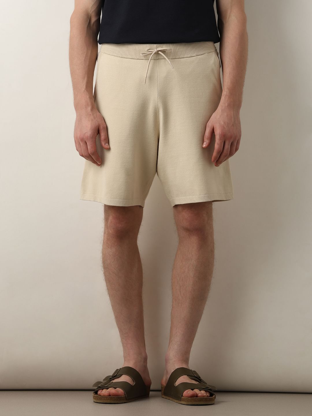 Beige Mid Rise Knitted Shorts