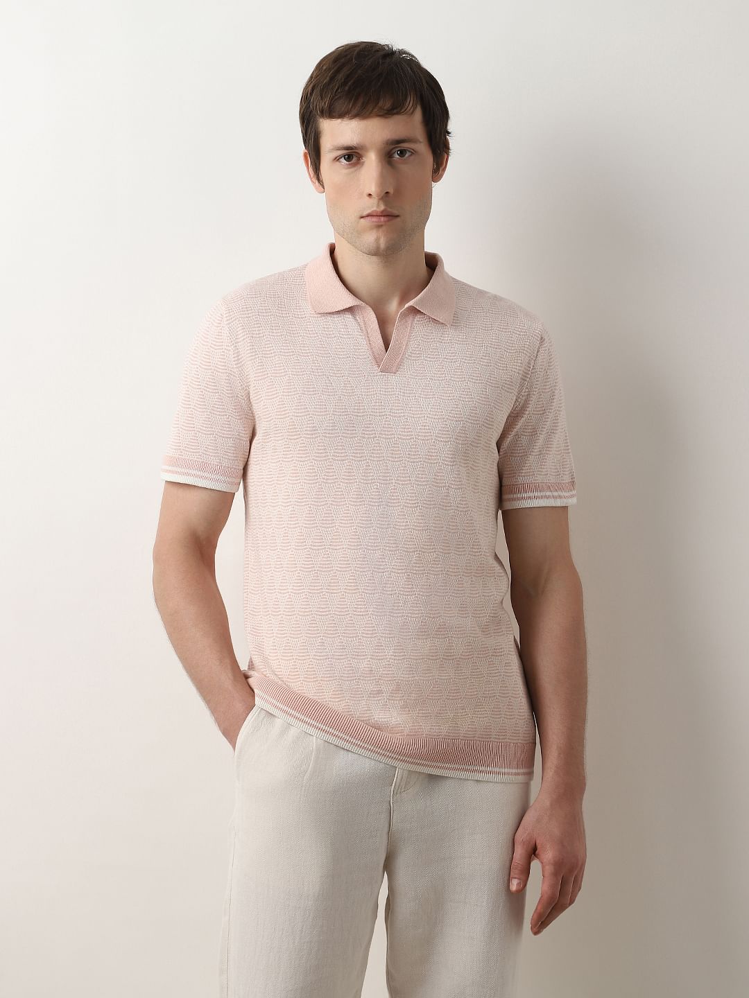 Pink Printed Knit Polo T-shirt