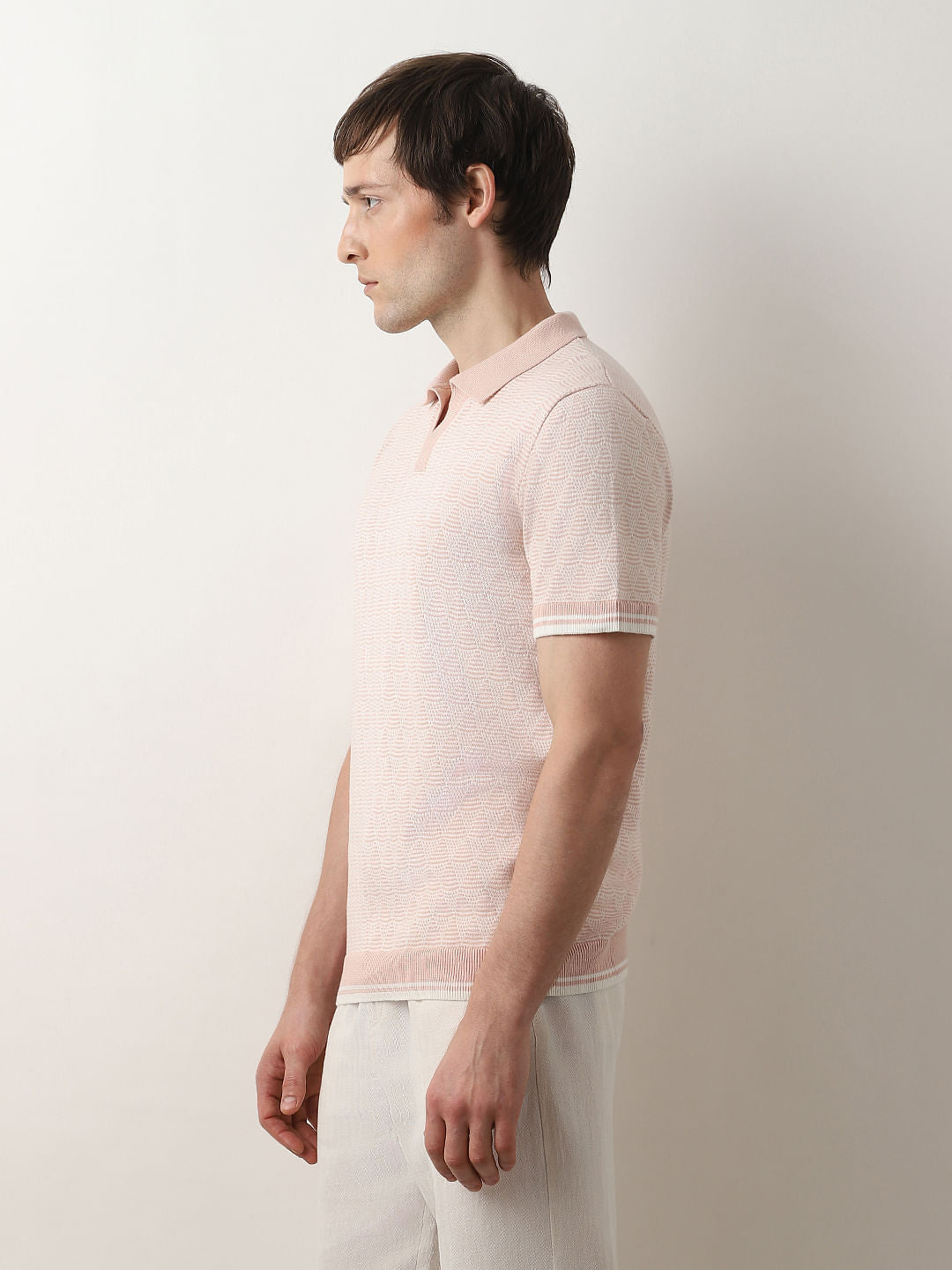 Pink Printed Knit Polo T-shirt