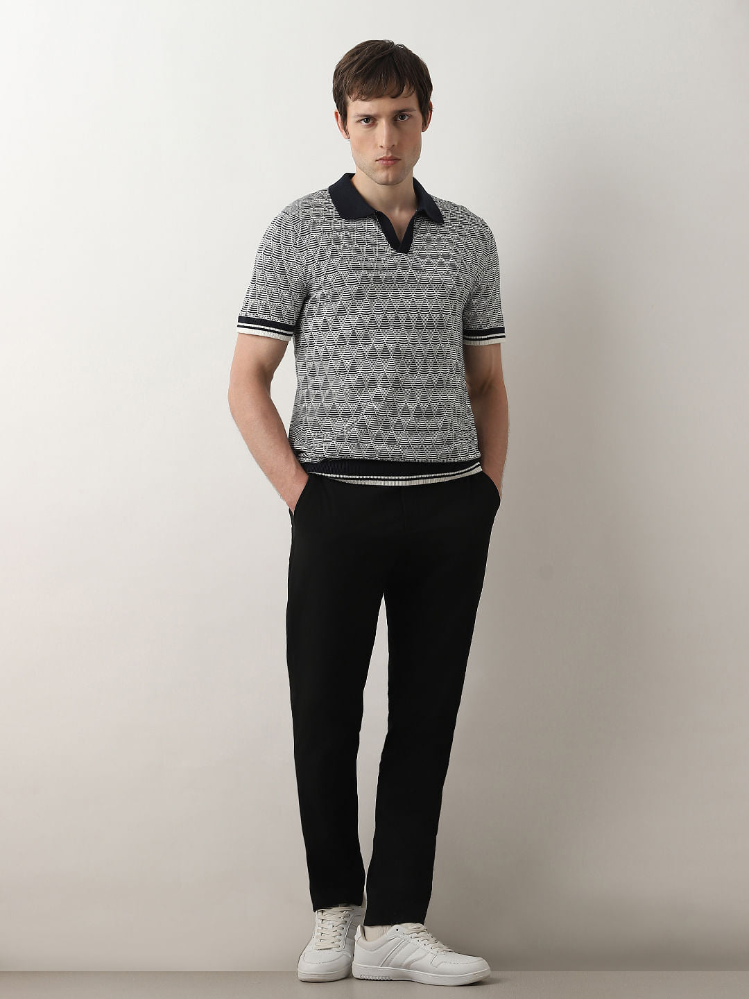 Dark Blue Printed Knit Polo T-shirt