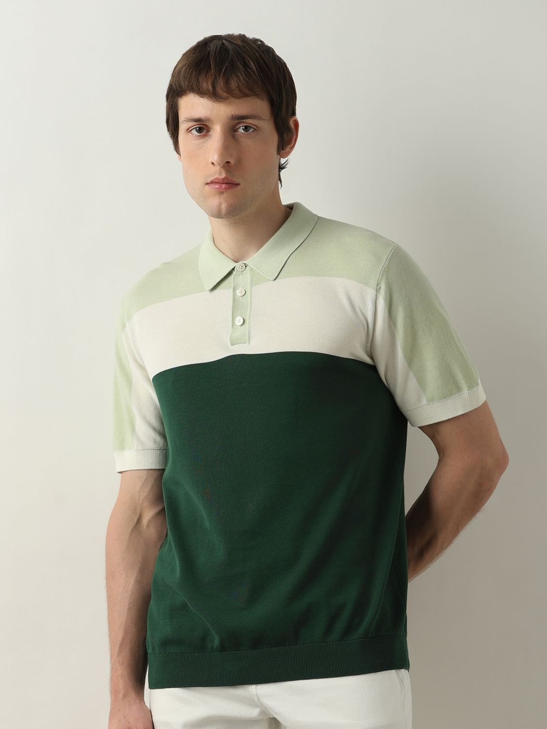 Green Colourblocked Knit Polo