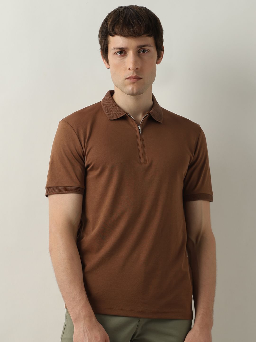 Brown Zip Detail Polo T-shirt
