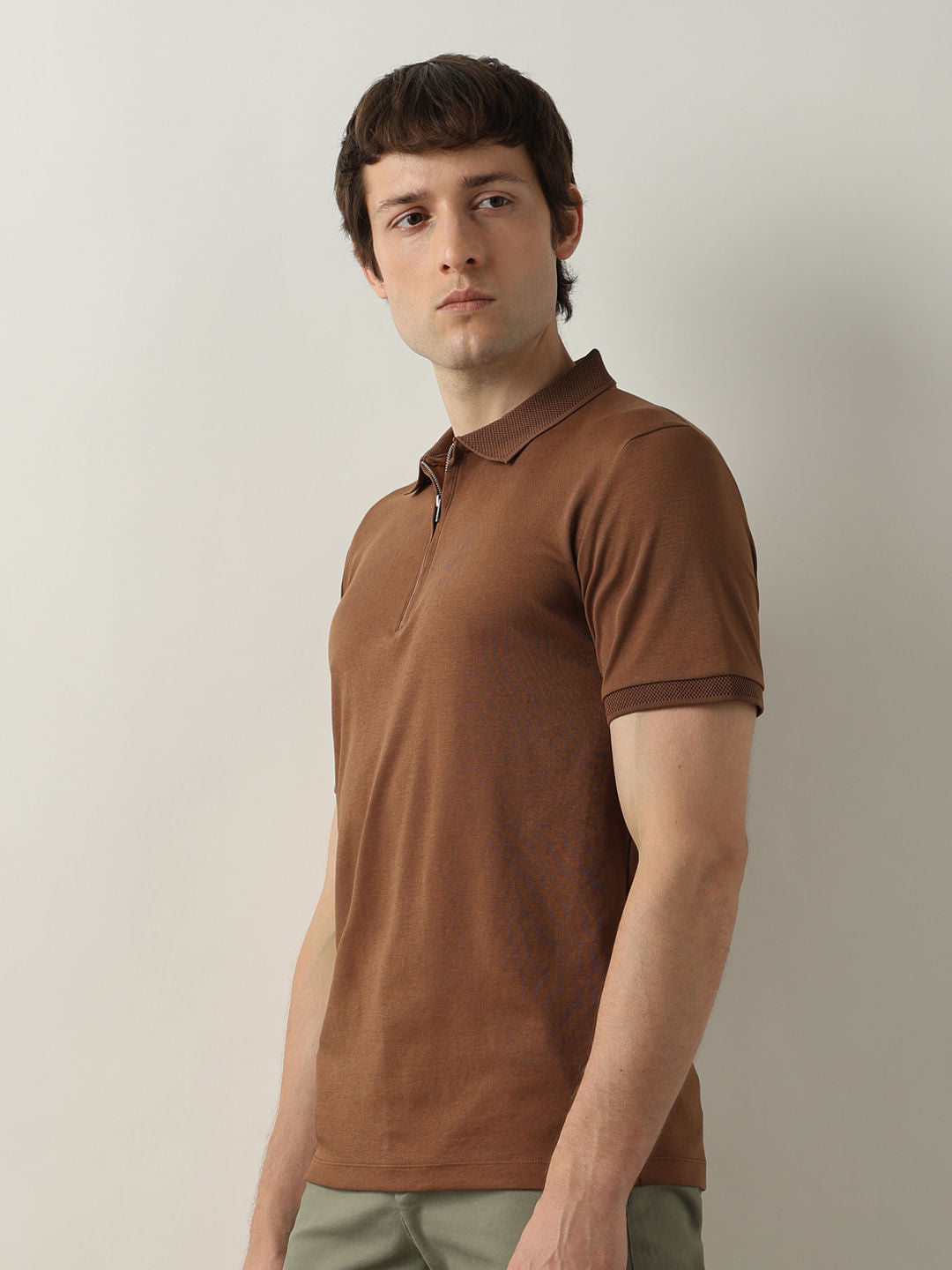 Brown Zip Detail Polo T-shirt