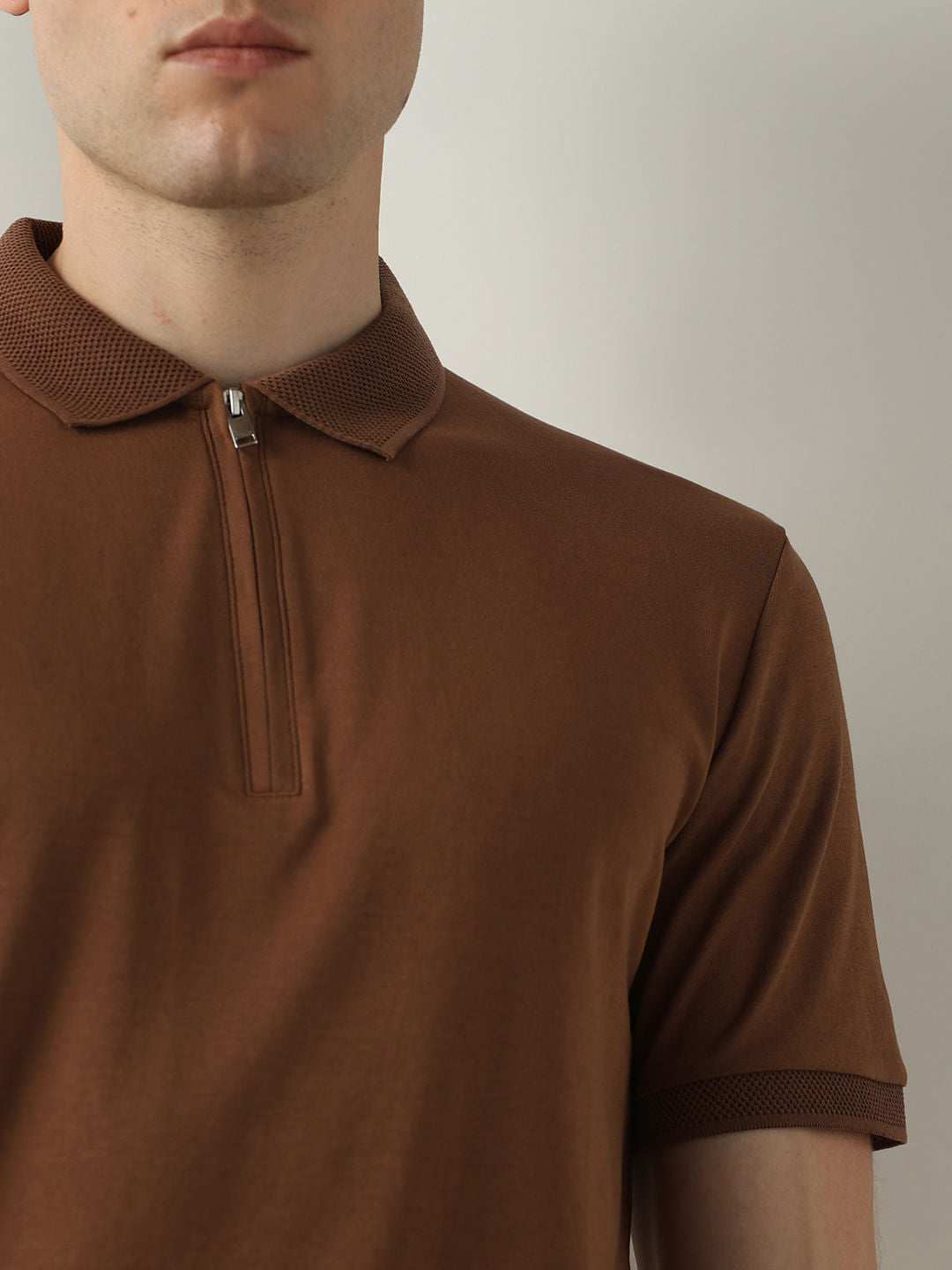 Brown Zip Detail Polo T-shirt