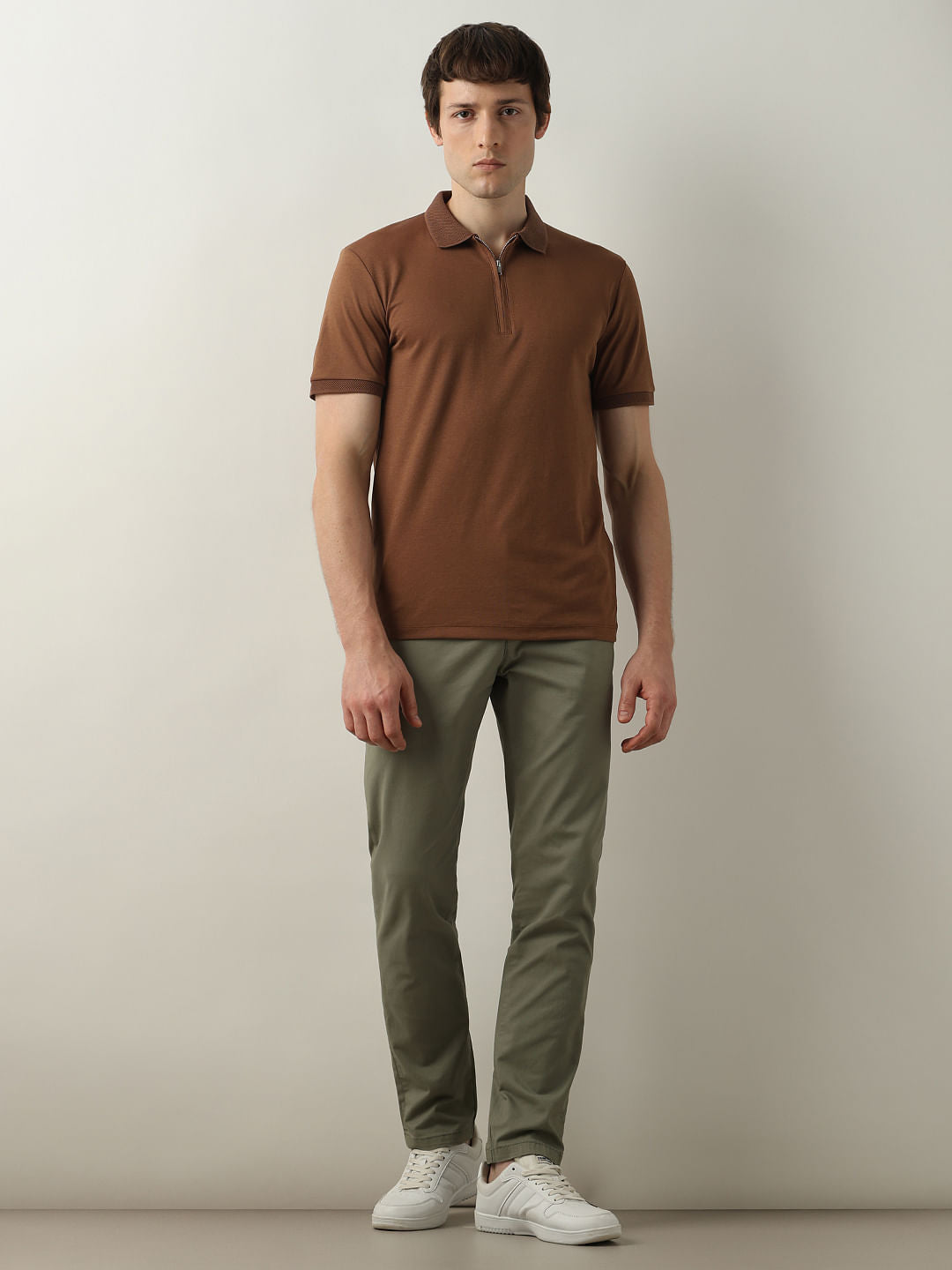 Brown Zip Detail Polo T-shirt
