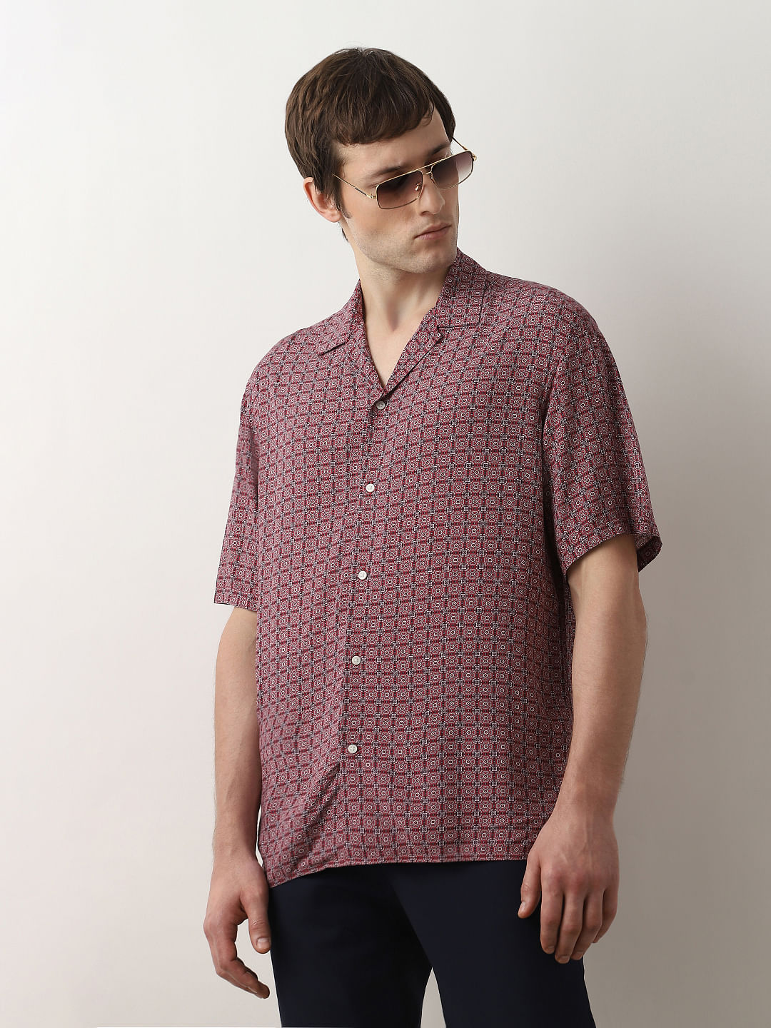 Pink Printed Cuban Collar Short Sleeves Shirt