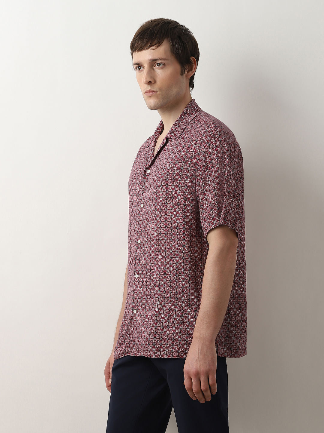 Pink Printed Cuban Collar Short Sleeves Shirt