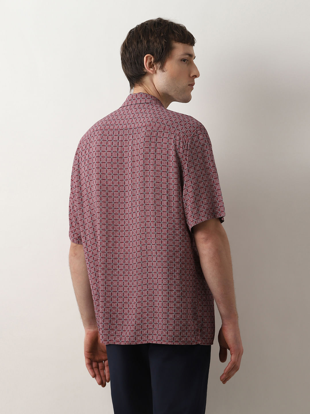 Pink Printed Cuban Collar Short Sleeves Shirt