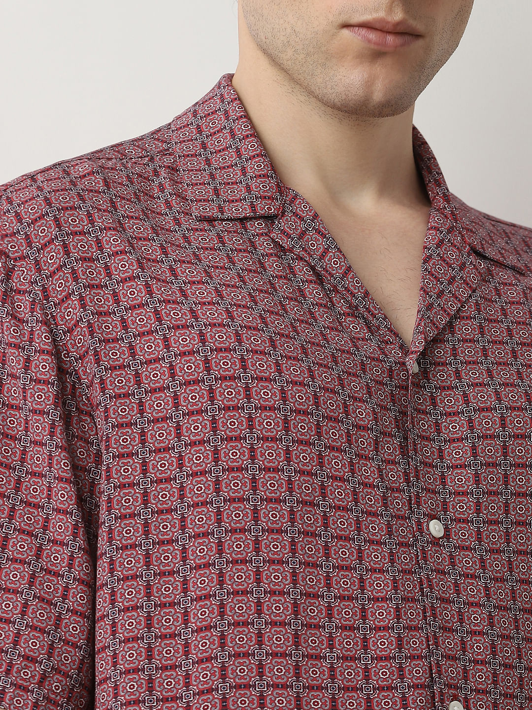 Pink Printed Cuban Collar Short Sleeves Shirt