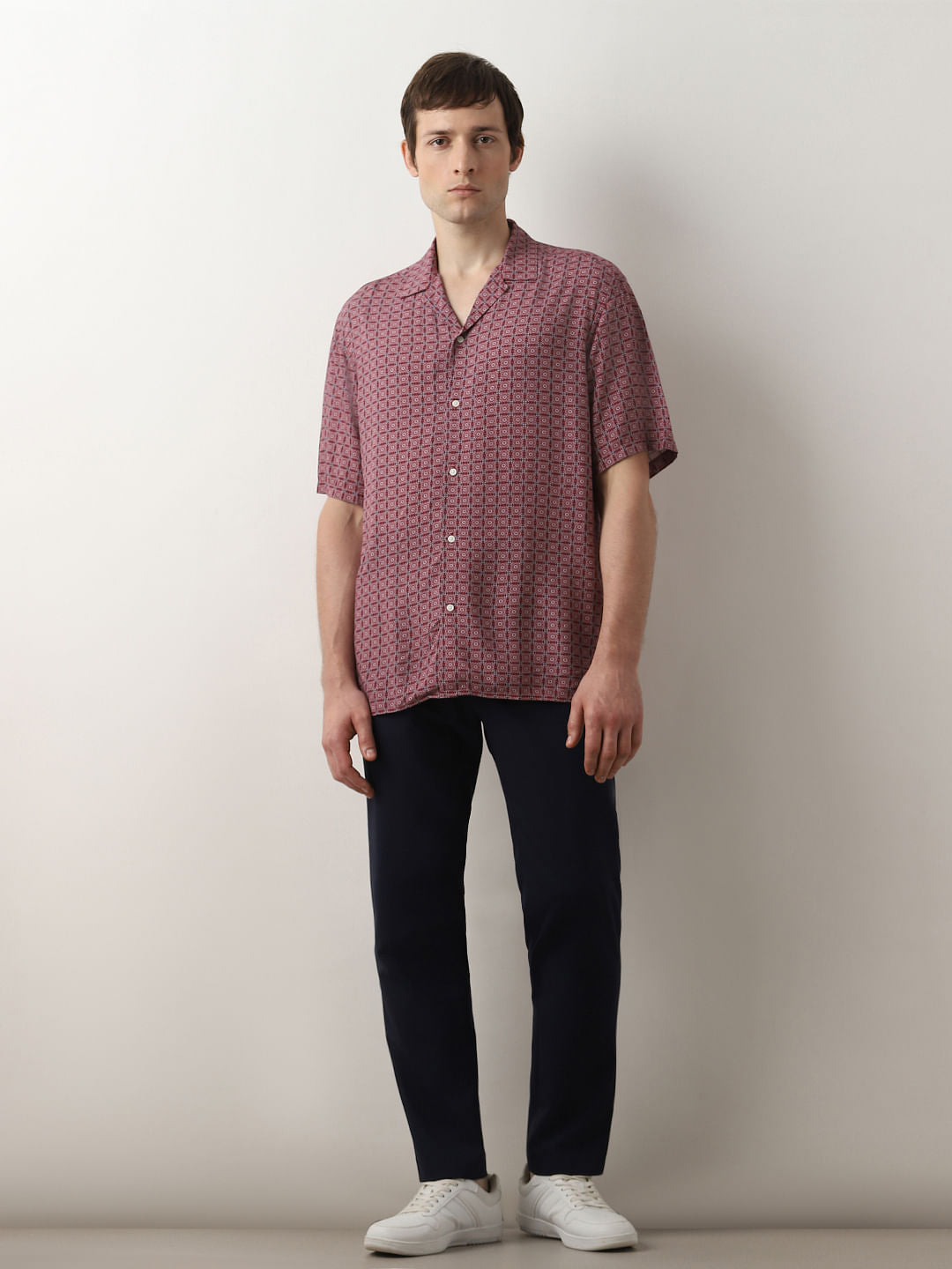 Pink Printed Cuban Collar Short Sleeves Shirt