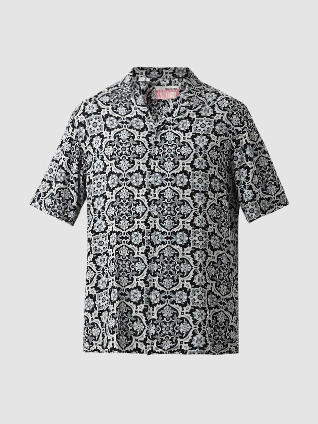 Blue Printed Cuban Collar Short Sleeves Shirt