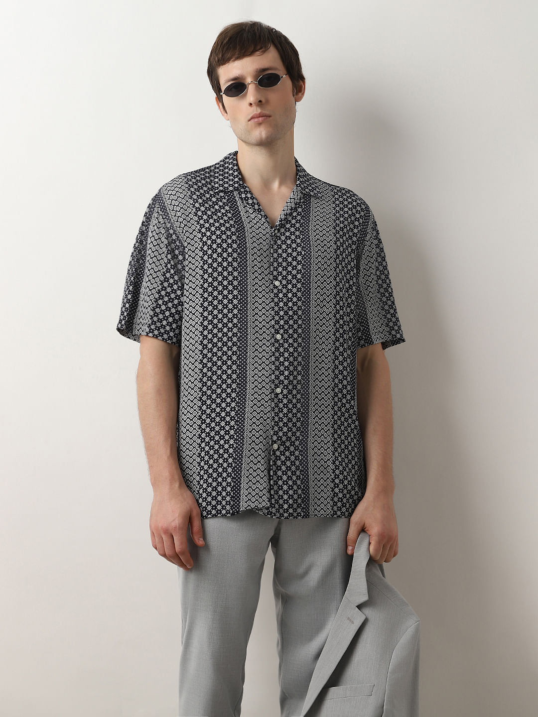 Dark Blue Printed Cuban Collar Shirt