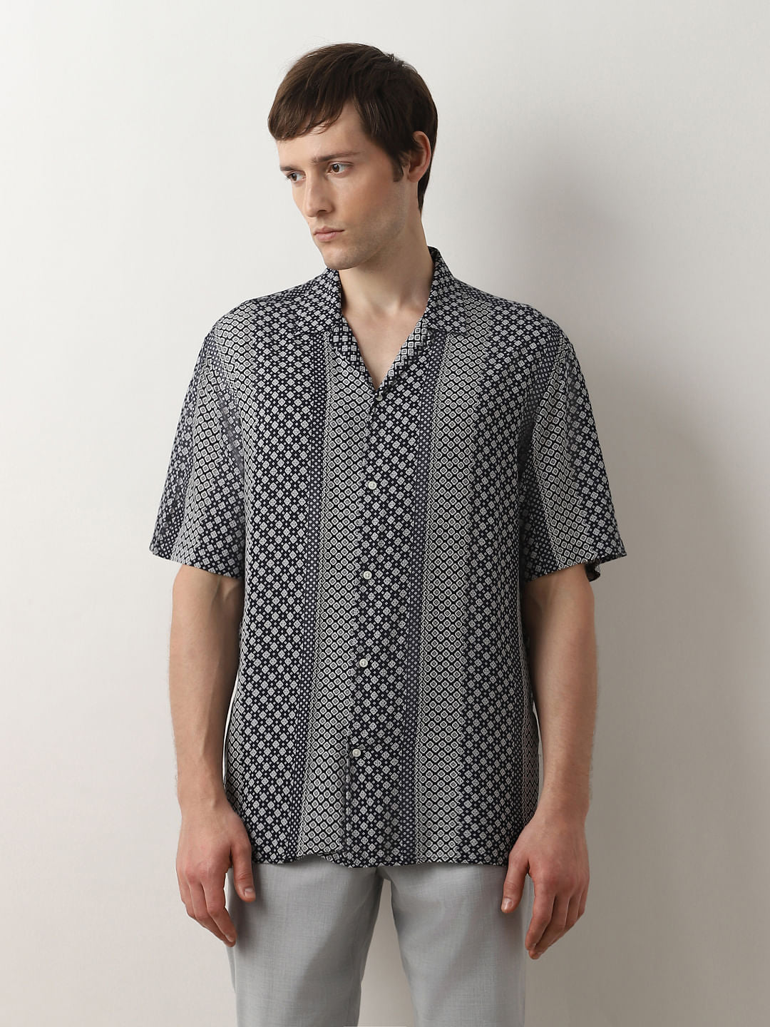 Dark Blue Printed Cuban Collar Shirt