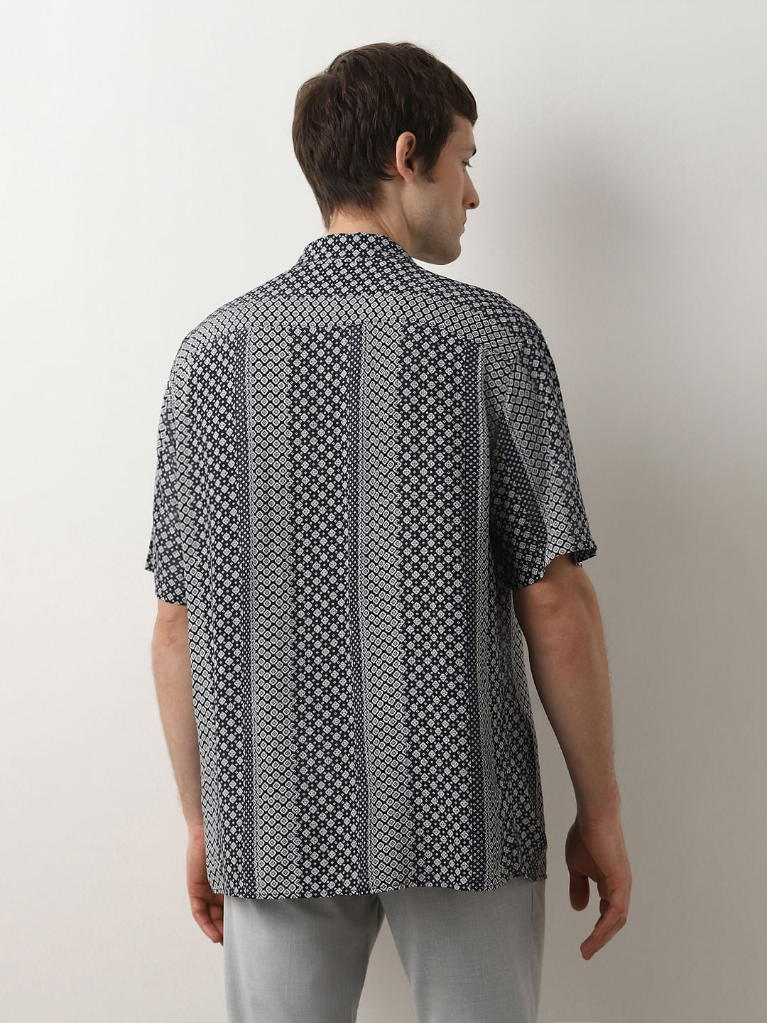 Dark Blue Printed Cuban Collar Shirt