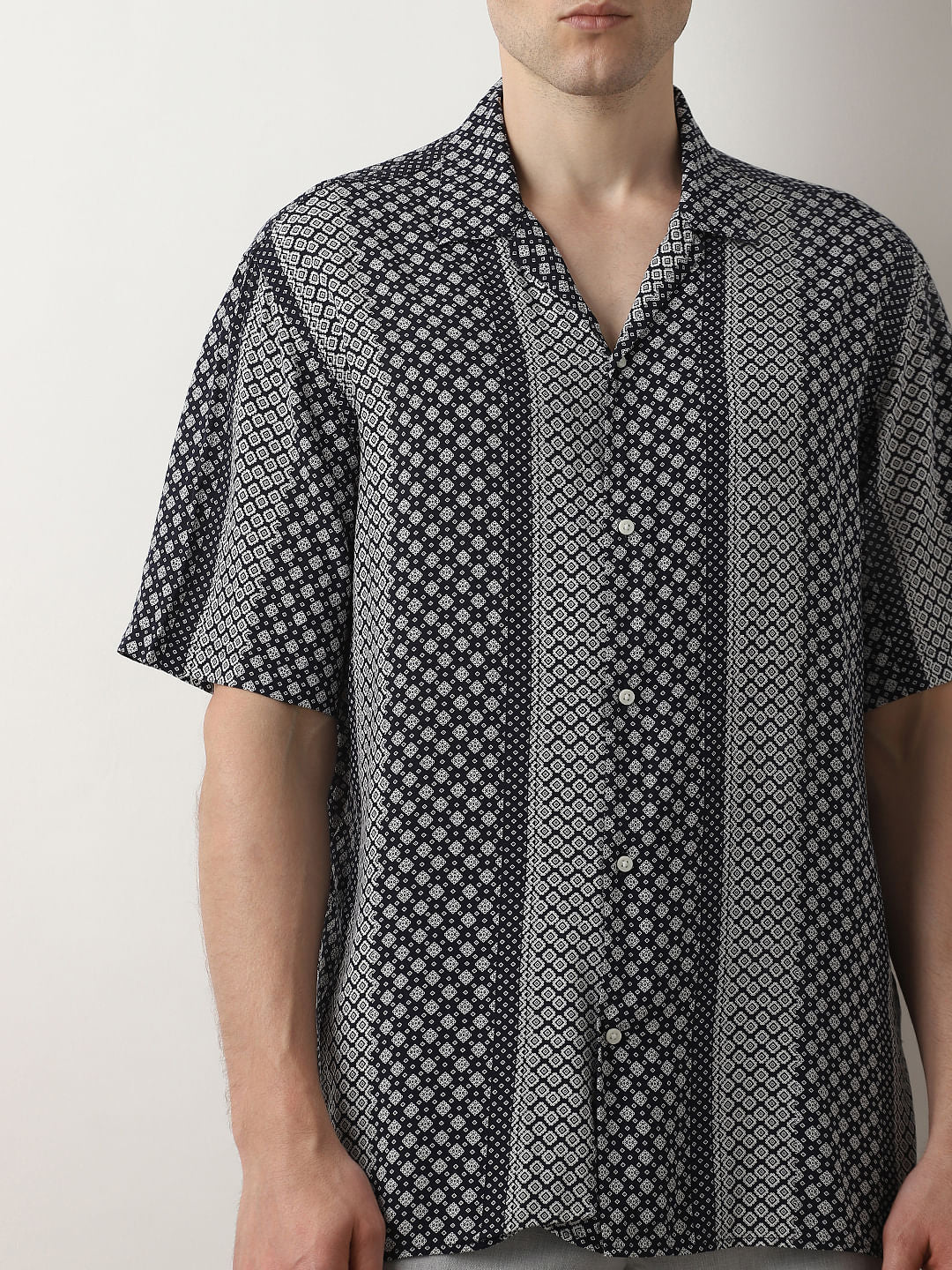 Dark Blue Printed Cuban Collar Shirt