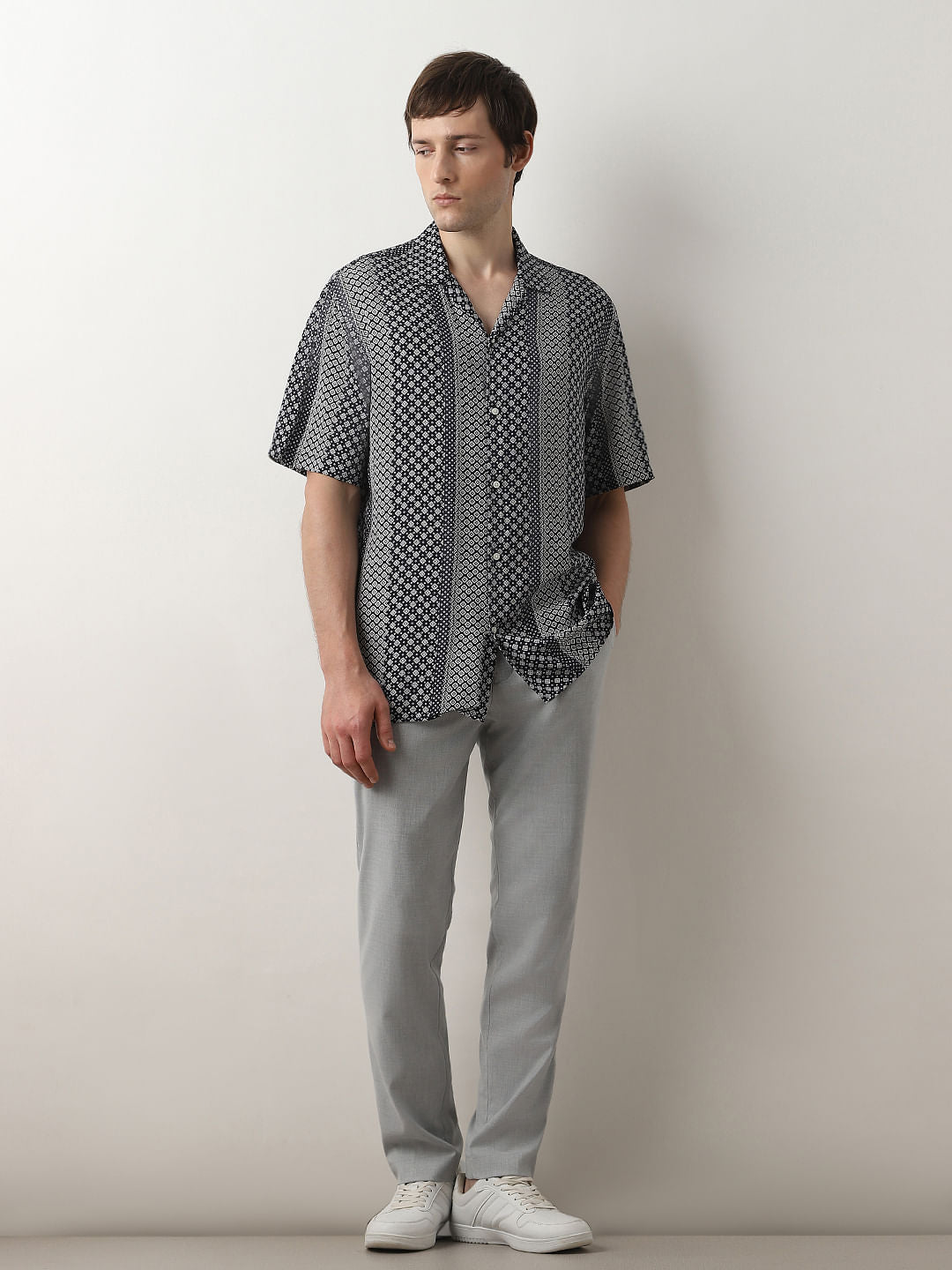 Dark Blue Printed Cuban Collar Shirt