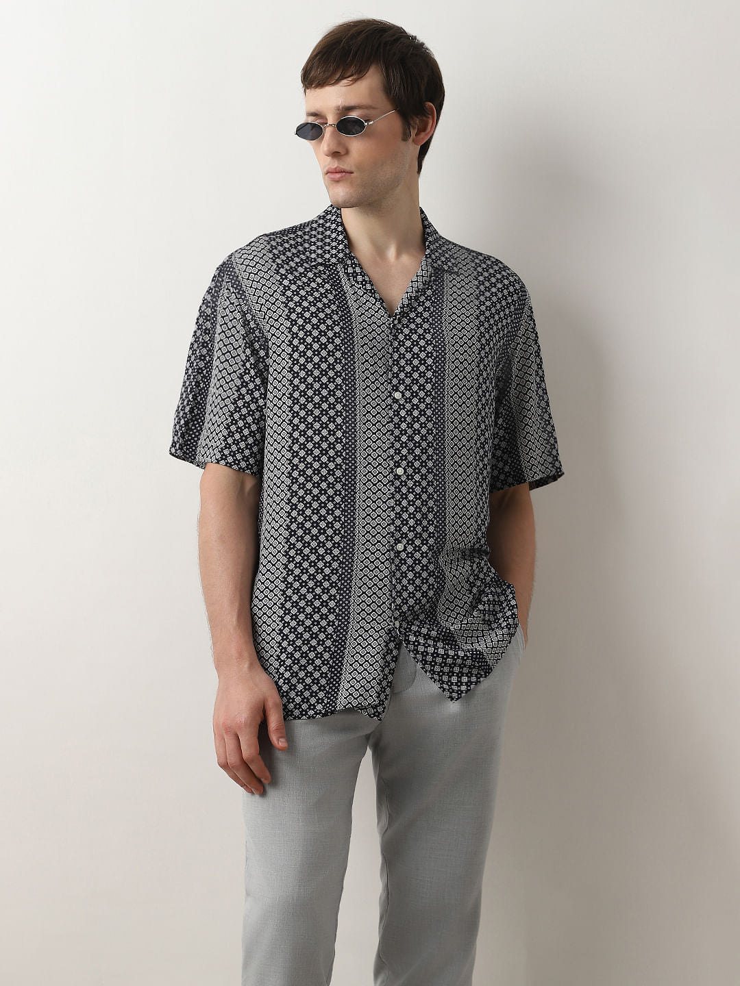 Dark Blue Printed Cuban Collar Shirt