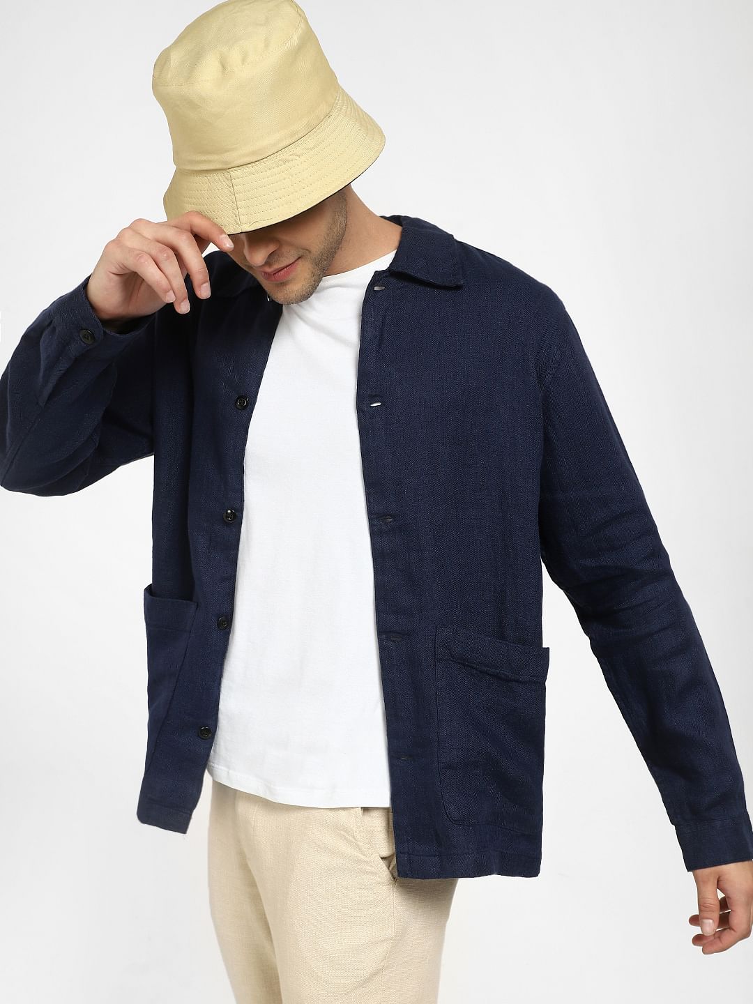 Navy Blue Linen Full Sleeves Overshirt