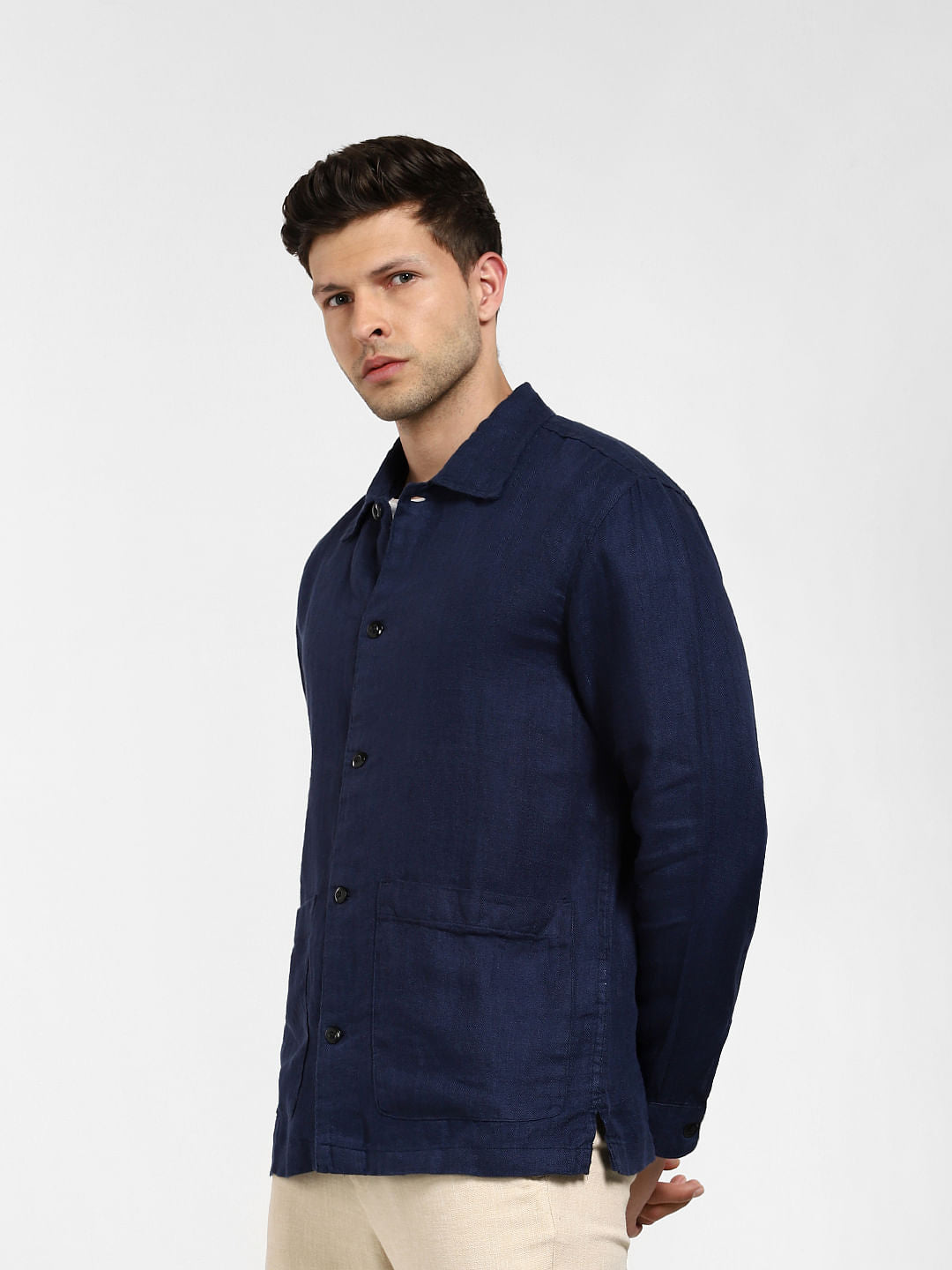 Navy Blue Linen Full Sleeves Overshirt