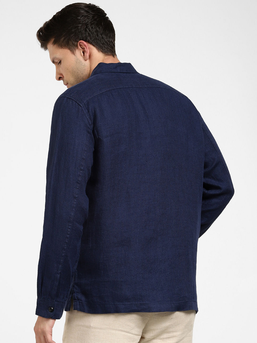 Navy Blue Linen Full Sleeves Overshirt