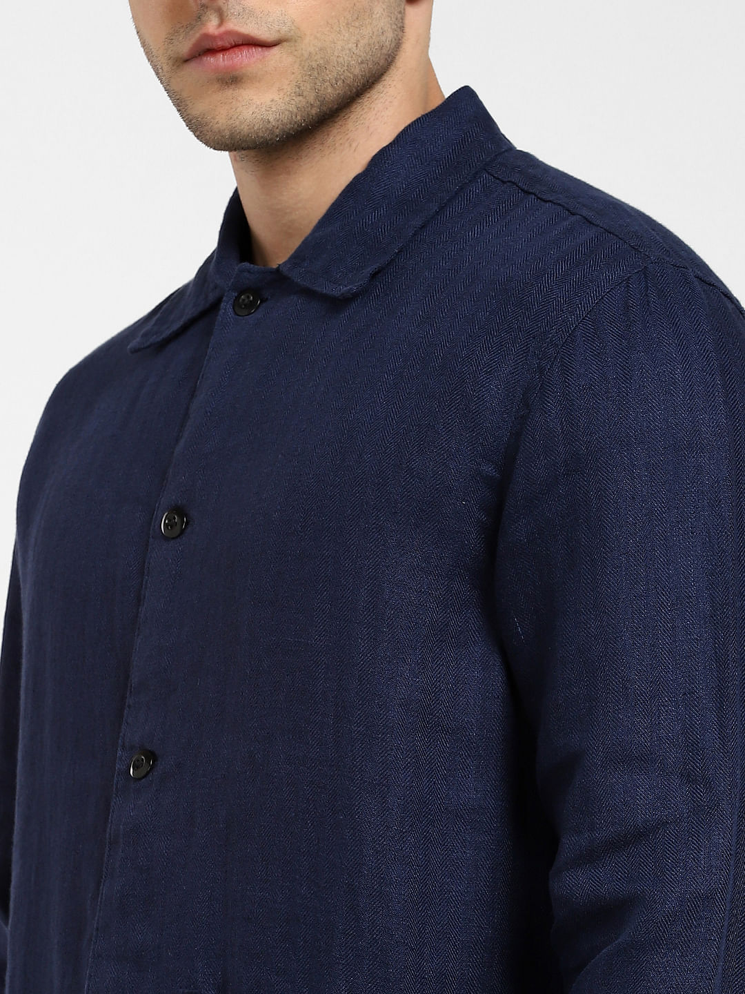 Navy Blue Linen Full Sleeves Overshirt