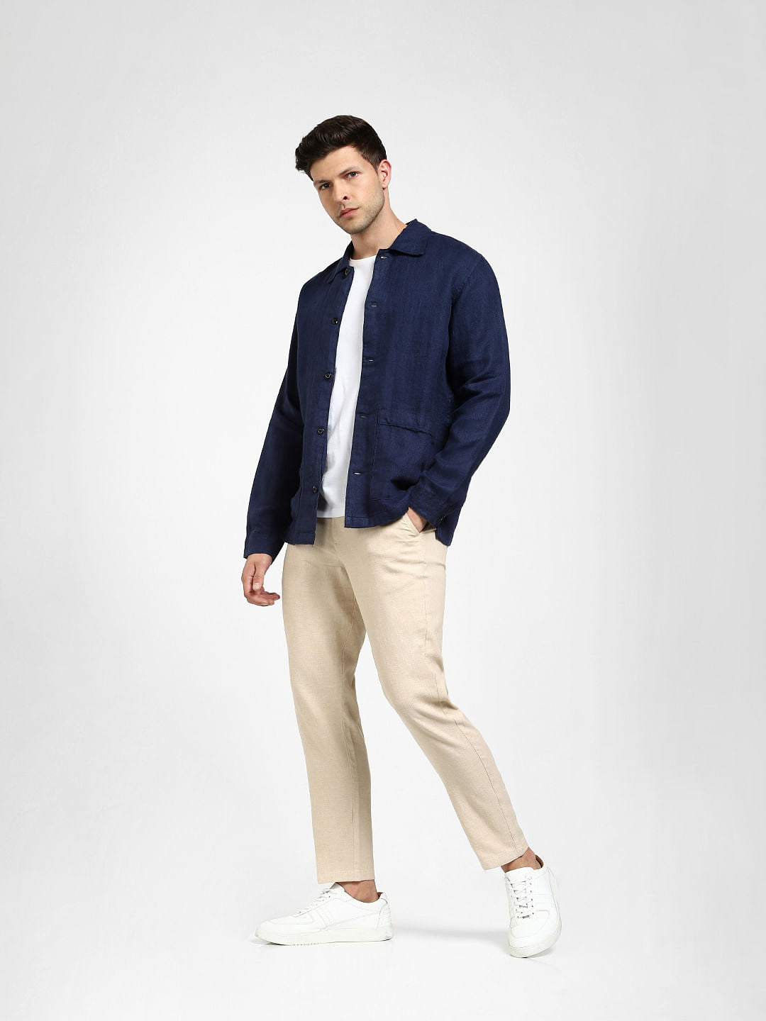 Navy Blue Linen Full Sleeves Overshirt